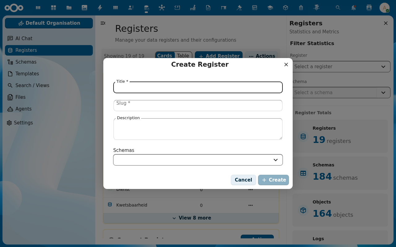 Create Register dialog open