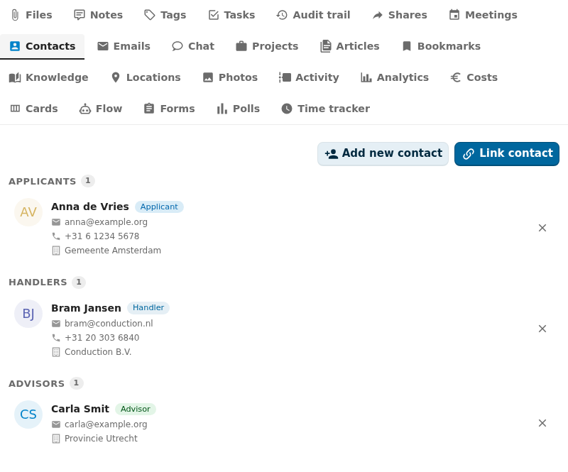 contacts integration tab active in the OpenRegister integrations view