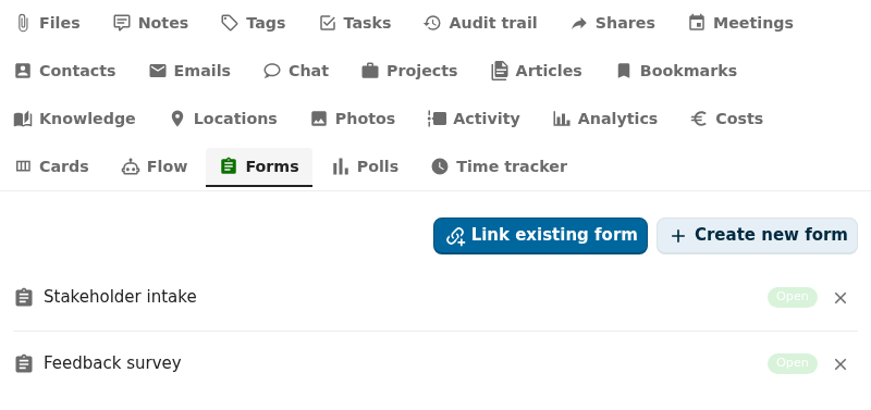 forms integration tab active in the OpenRegister integrations view