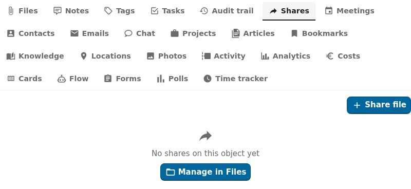 shares integration tab active in the OpenRegister integrations view