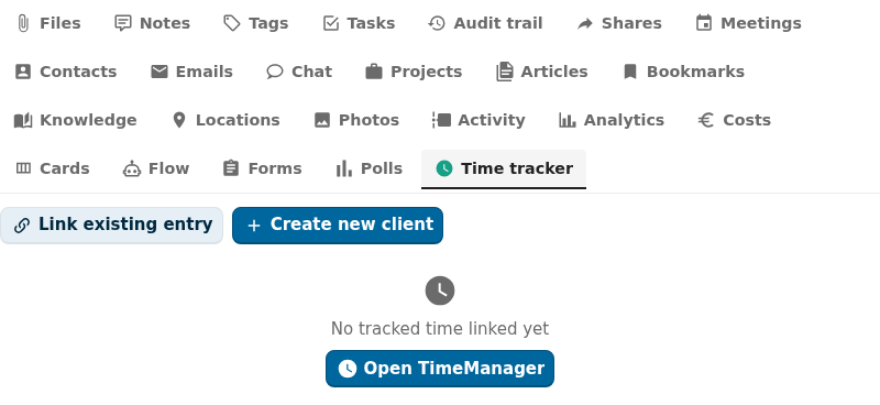 time-tracker integration tab active in the OpenRegister integrations view