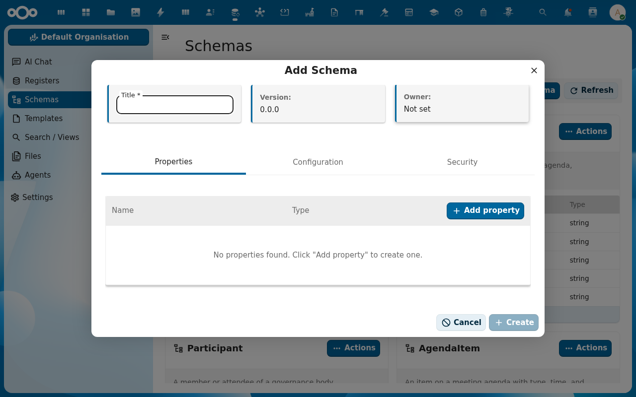 Schema detail page, Properties tab