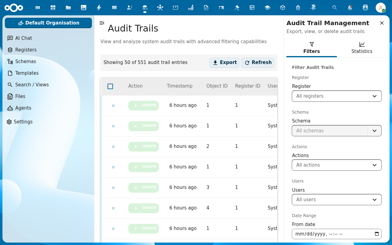 Global Audit Trails view
