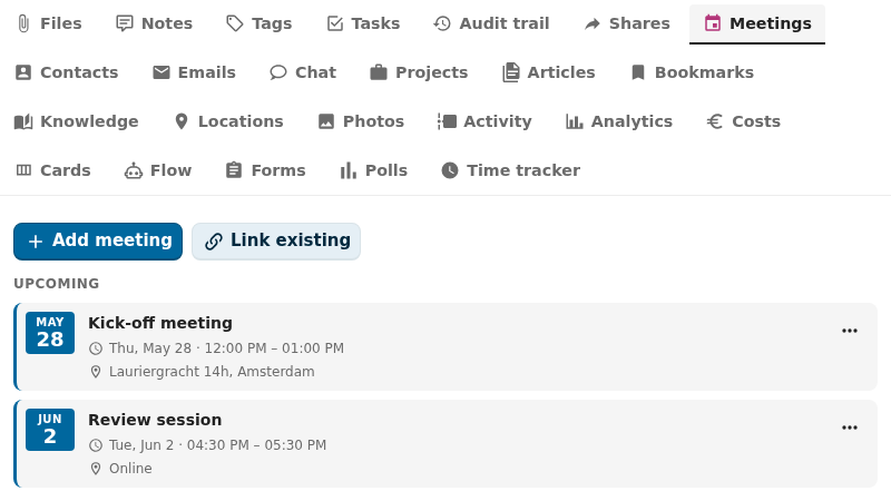 calendar integration tab active in the OpenRegister integrations view