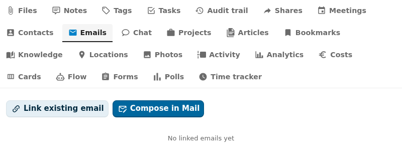 email integration tab active in the OpenRegister integrations view