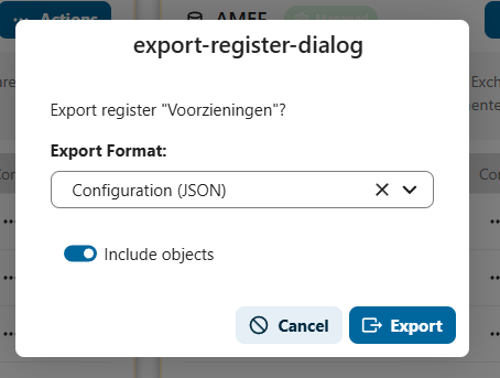 Export register dialog